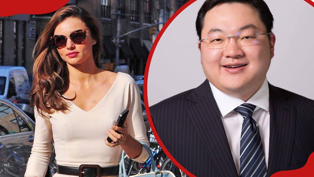 Miranda Kerr walking in the streets (L), and Jho Low in a suit (R)