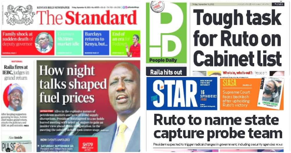 Magazeti ya Kenya Ijumaa, Septemba 16: William Ruto ataka walioiteka nyara serikali ya Jubilee kuadhibiwa