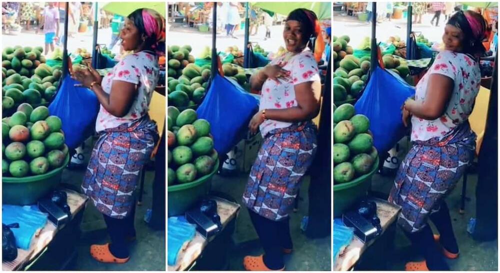 Photos of a mango seller dancing in her shop.