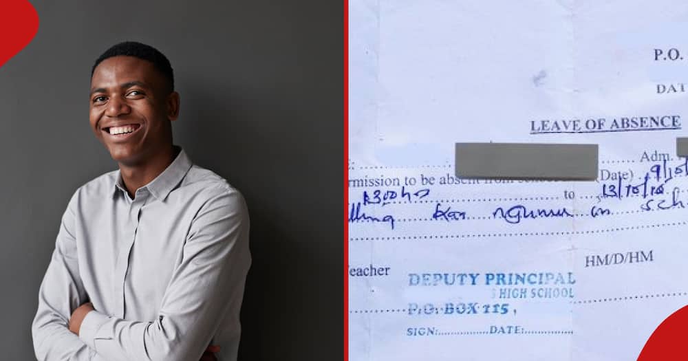 Portrait of smiling businessman with arms crossed standing against gray wall at new workplace (left). Photo of a man's suspension letter dated to 2015 (right).