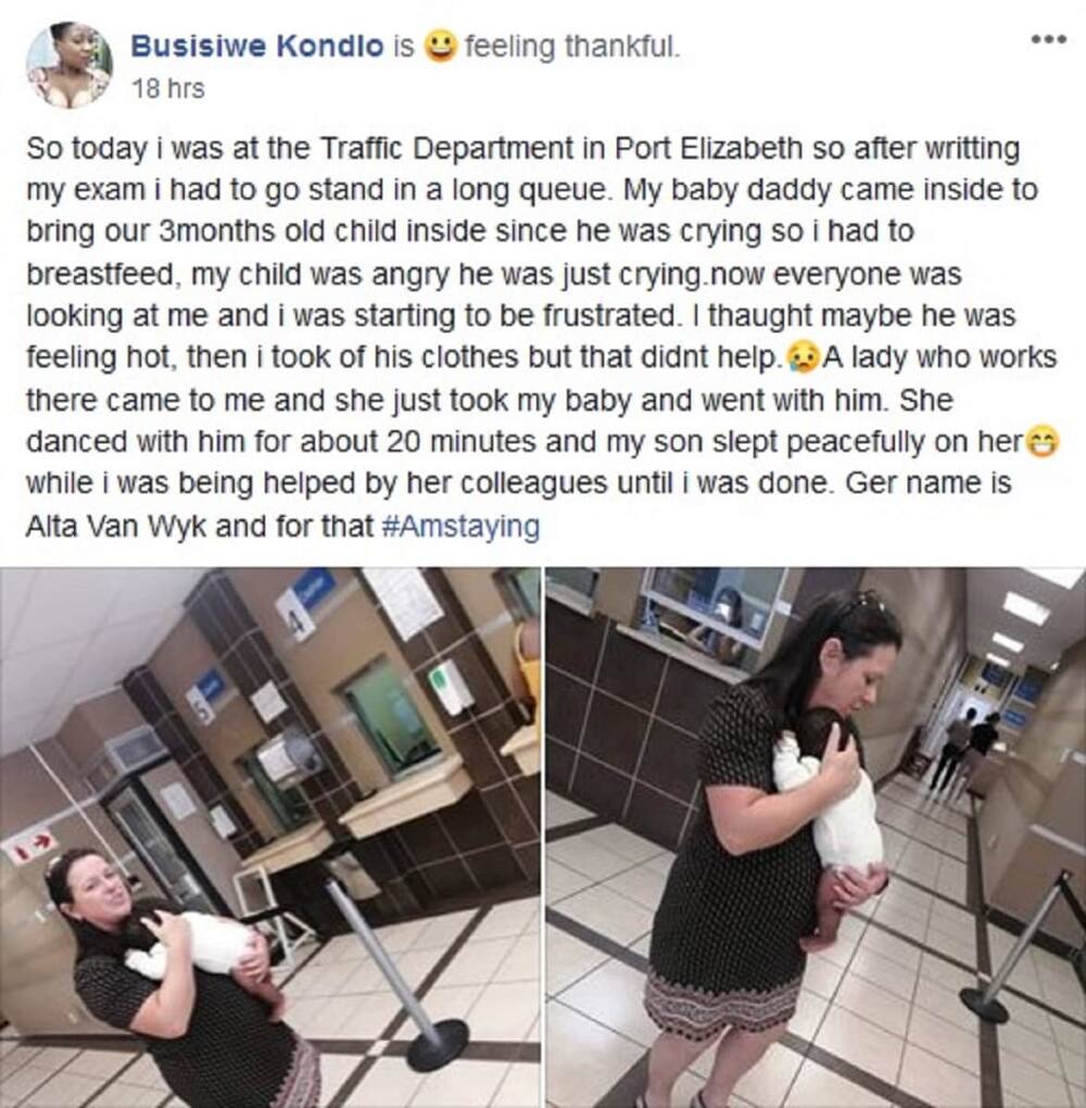 Kind woman helps mother with crying baby at traffic department