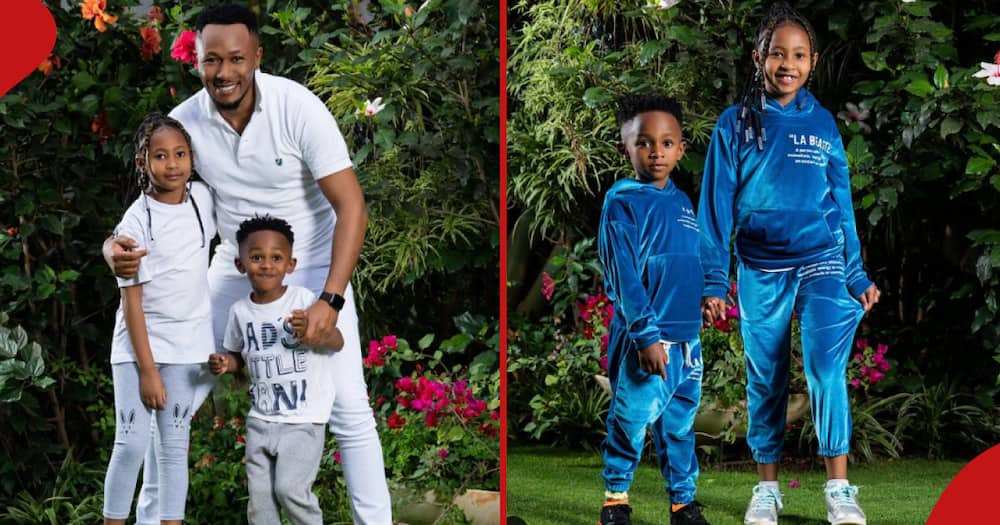 DJ Mo posing for a family photo with his kids (l). Mo's kids, Samuel Muraya Junior and Wambo, respectively (r).