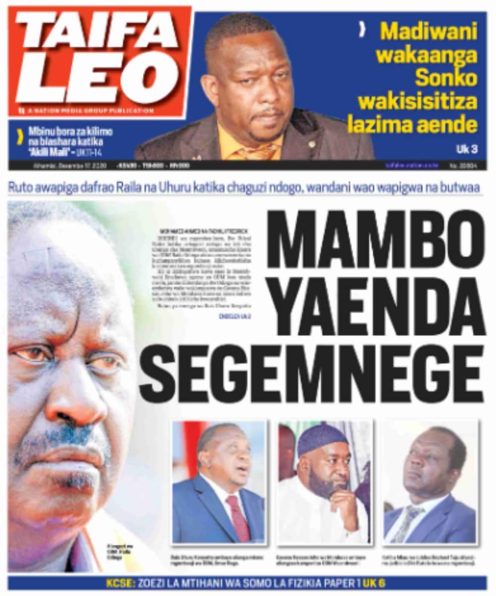 Kenyan newspapers review for December 17: Raila Odinga says ODM won Msambweni by-election