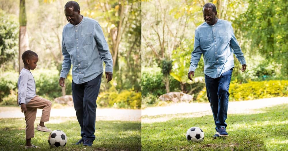 Raila Odinga enjoys playing football with grandson.