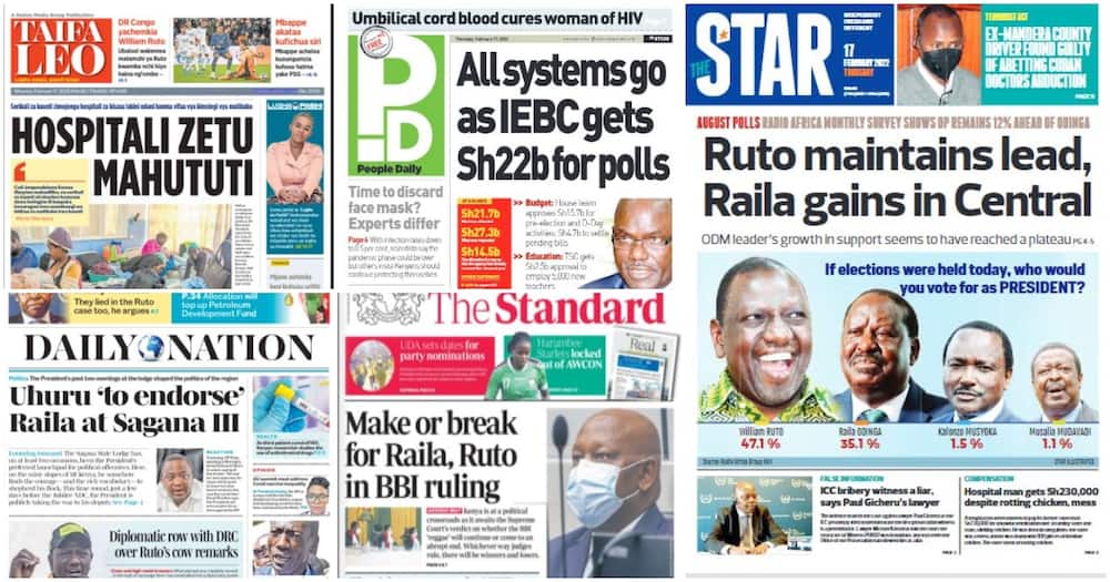 Top stories in the newspapers today. Photo: The Star, Daily Nation, The Standard and Taifa Leo.