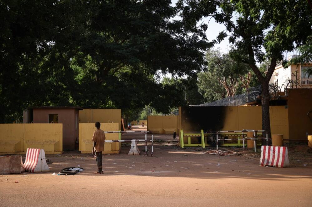 Protest aftermath: The damaged entrance to the French embassy in Ouagadougou