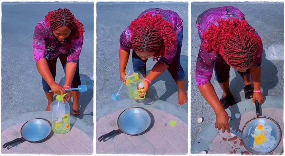Photos of a lady using the hot sun to fry egss in Dubai, UAE.