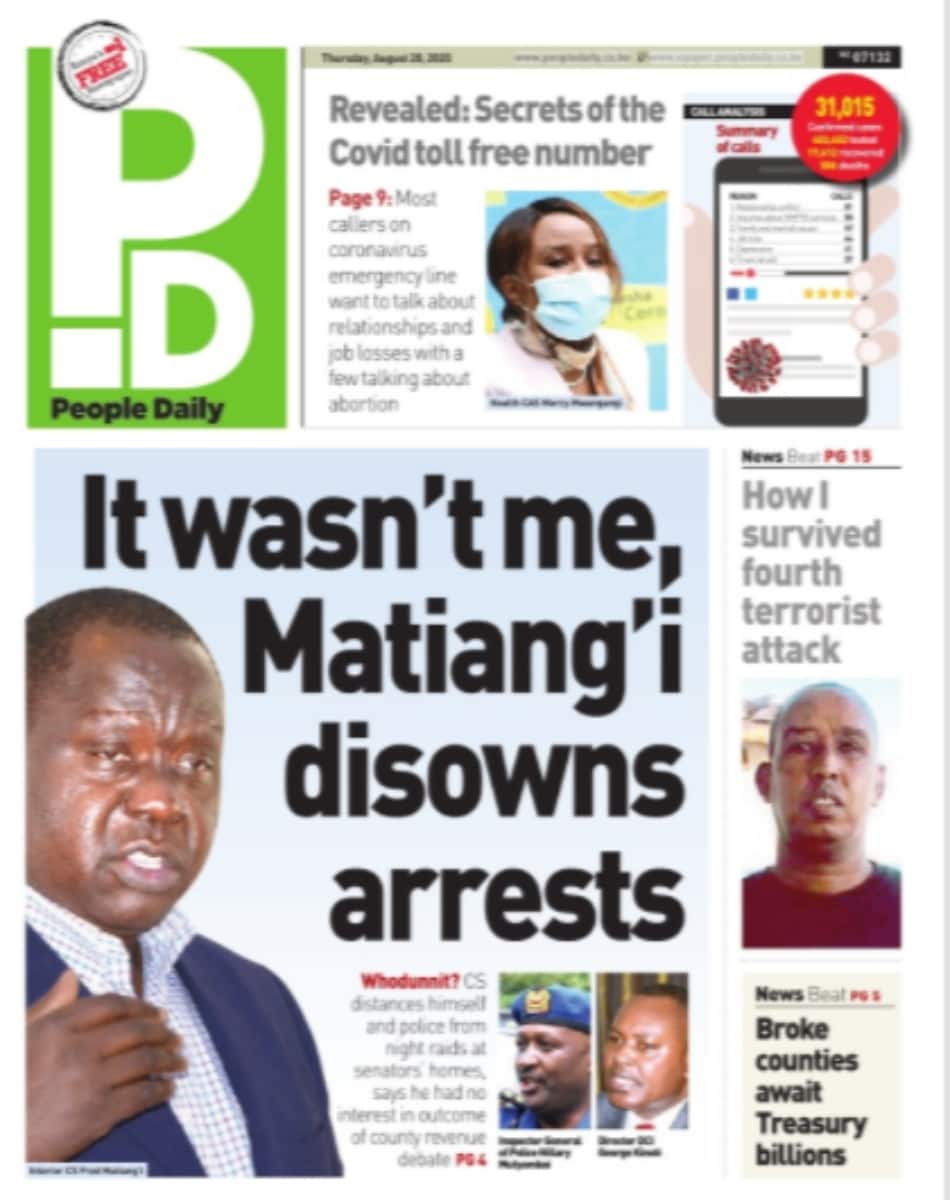 Magazeti ya Alhamisi, Agosti 20: Maseneta wamsifu Matiang'i wakati wa mkutano wa faragha