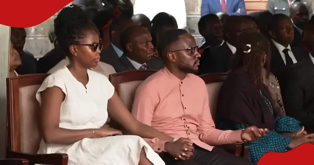 Joel Rabuku and his lover listen to President William Ruto's speech during CDF Francis Ogolla's memorial service.