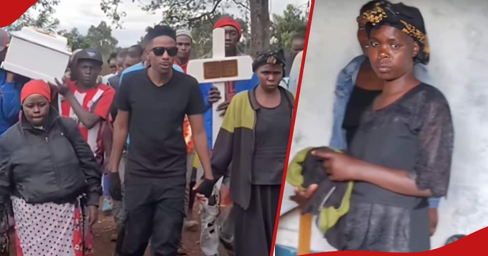 Virginia Mukulu flanked by Eric Omondi and well-wishers going to buryJoseph and next frame shows her in the new house.