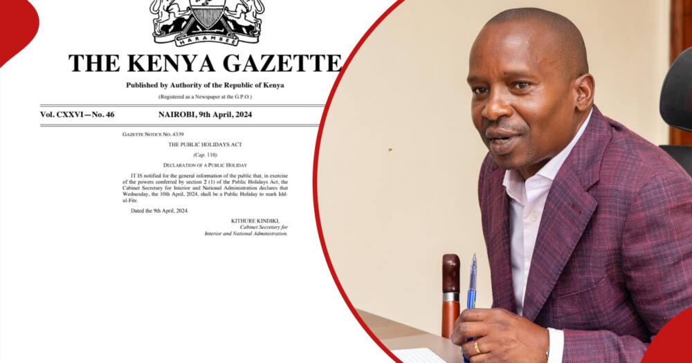 Interior CS Kithure Kindiki with the gazette notice declaring Wednesday a public holiday