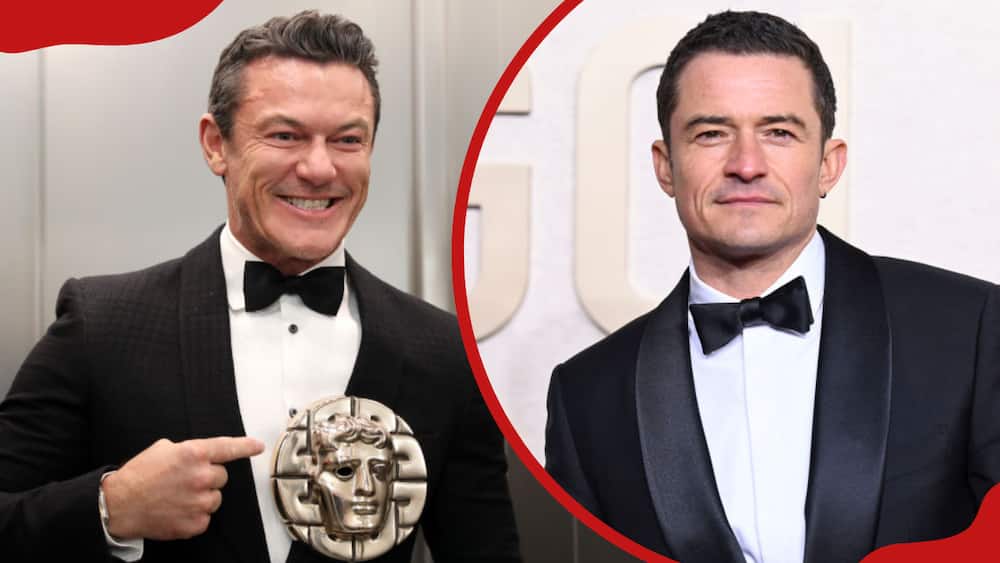 A collage of Luke Evans at the 2023 BAFTA Cymru Awards and Orlando Bloom at the 81st Golden Globe Awards
