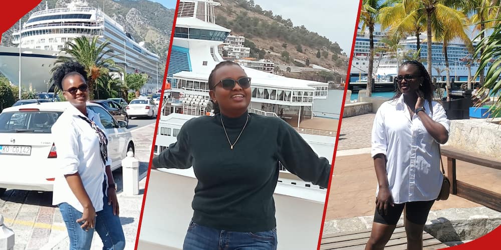 Melody Patricks poses in front of the cruise ship she works on.