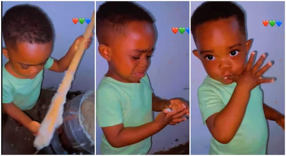 Photos of a boy holding 'turning garri stick'.