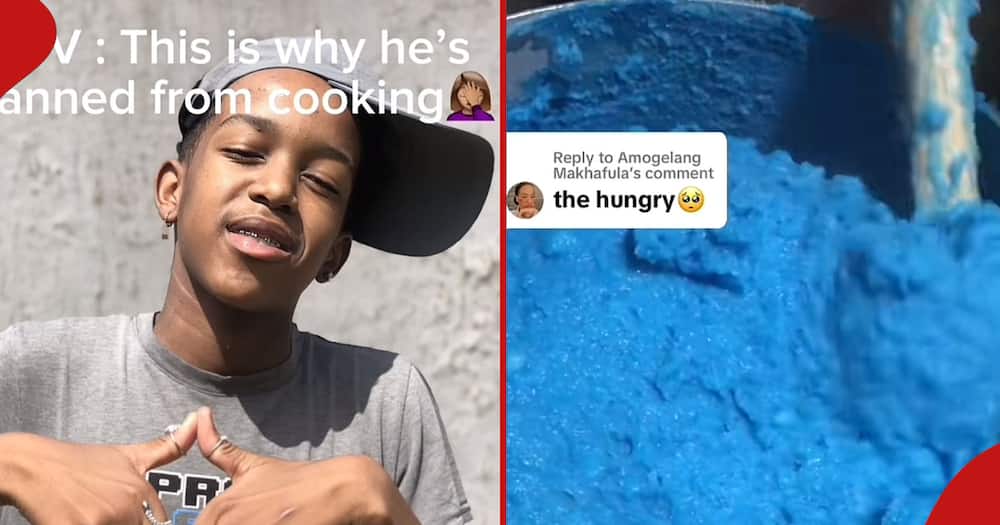 A young man cooked a pot of bright blue pap for dinner