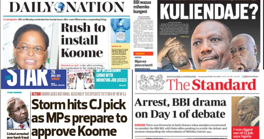 Kenyan newspapers for April 29. Photo: The Standard, Daily Nation, People Daily and Taifa Leo.