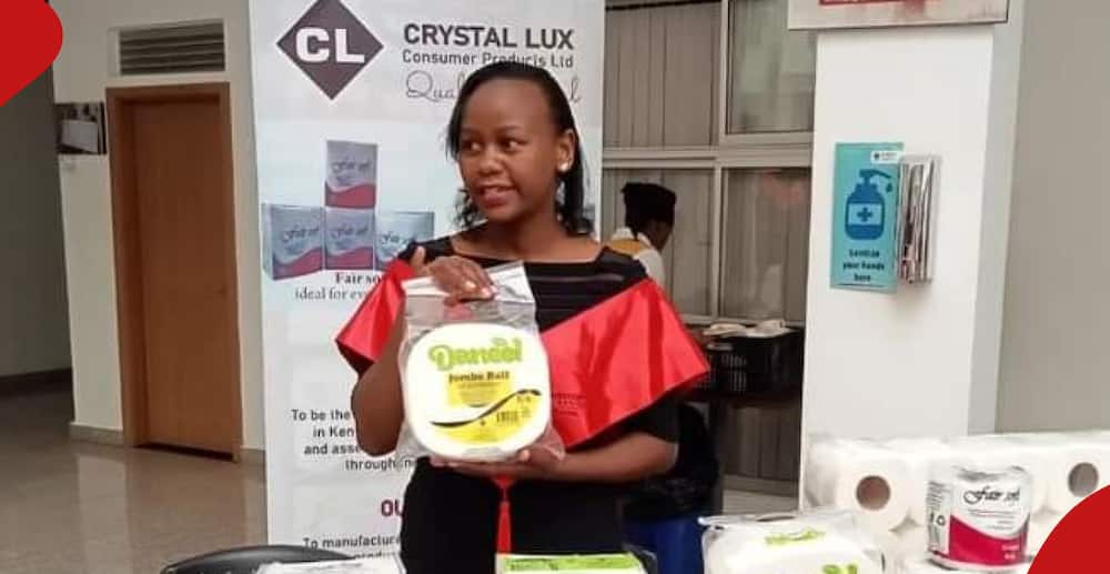 Crystal Lux Consumer Products co-founder Purity Mwangi holds one of her items.