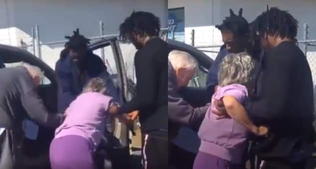Heartwarming moment as 3 young men help struggling elderly people get into car