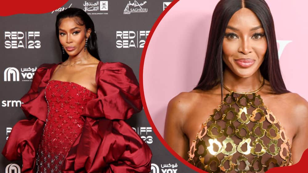 A collage of Naomi Campbell during the Red Sea International Film Festival 2023 and Naomi Campbell at the Victoria's Secret's celebration of The Tour '23