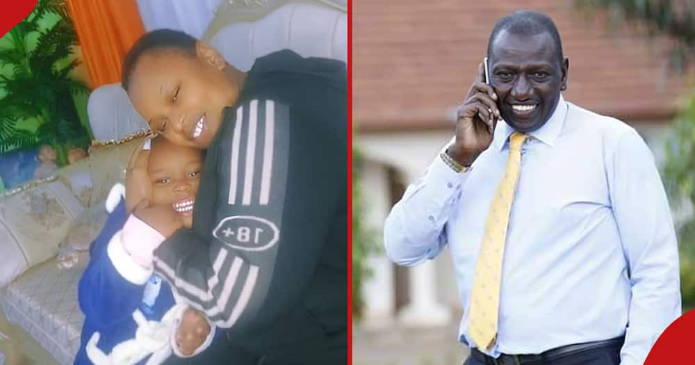 Tinsley Nduta and her mum (l) enjoying mother-daughter moment. President William Ruto making a call (r).