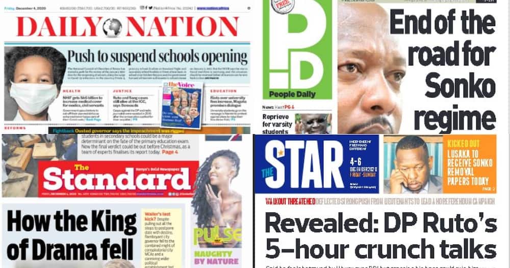 Kenyan newspapers review for December 4: Ruto tells allies he feels betrayed by Uhuru in BBI process