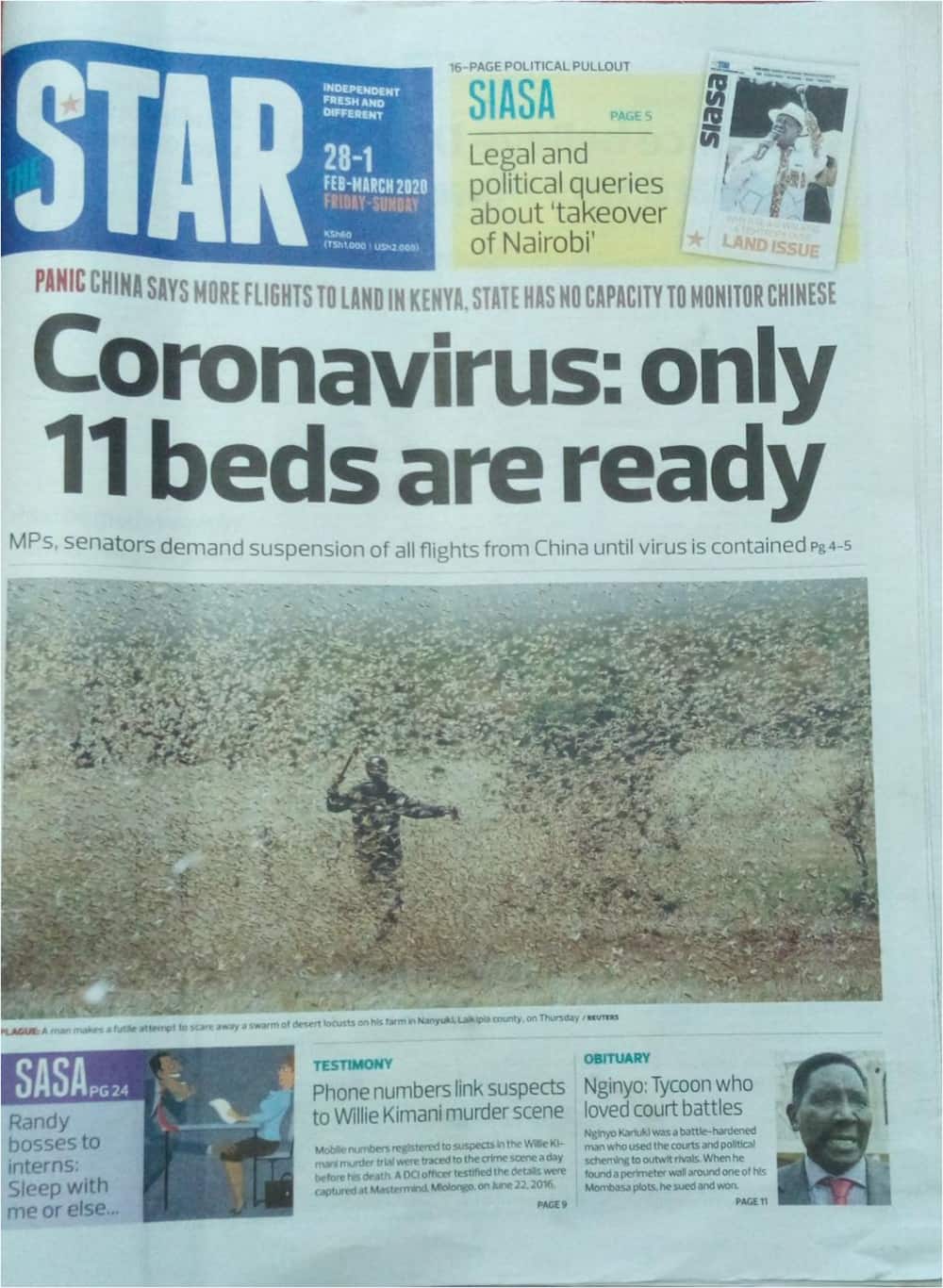 Kenyan Newspapers review for February 28: Only 11 beds ready in case of coronavirus as more flights from China are expected
