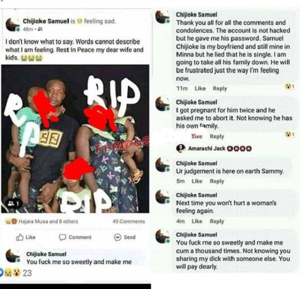 Aggrieved side chick logs into her married lover’s Facebook account, declare his family dead