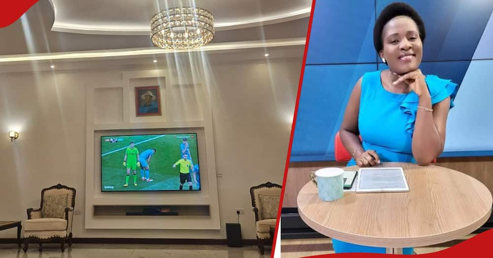Mary Kilobi's living room and next frame shows news anchor at work.
