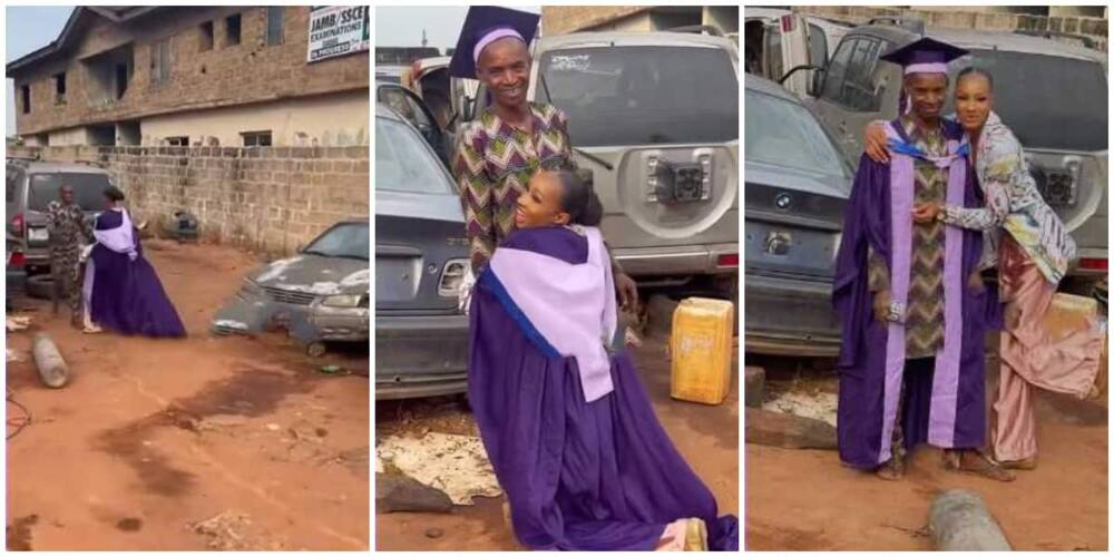 Video shows sweet moment lady ran to dad's mechanic workshop, dresses him in her graduation clothes.
