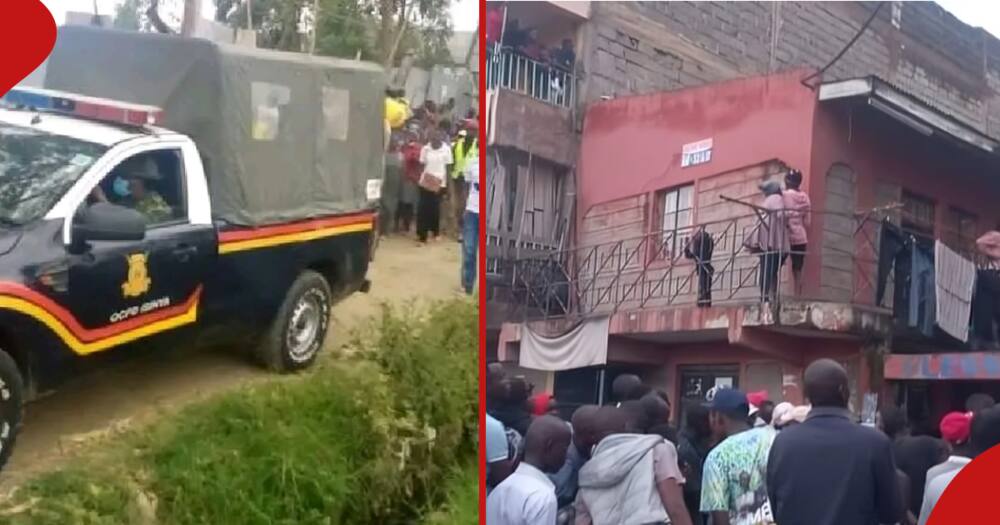 Collage of a police vehicle (l) and the apartment in Kitengela where the crime occurred (r)