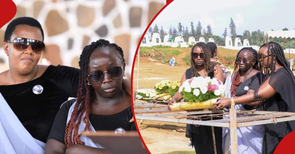 Hakizimana 's wife ebing consoled in first frame and the other frame shows her laying a wreath.