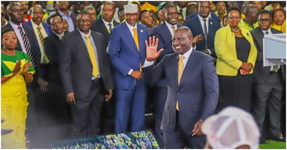 William Ruto acknowledges supporters at the Kenya Kwanza manifesto launch.