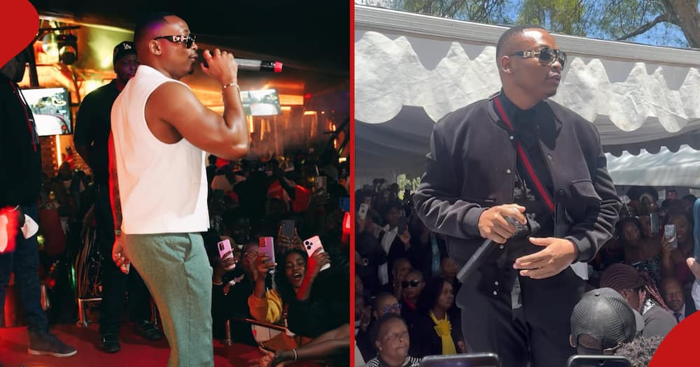 Otile Brown performs at Raha Fest moments after hecking incident (l), while (r) is Otile Brown at Brian Chira's burial.