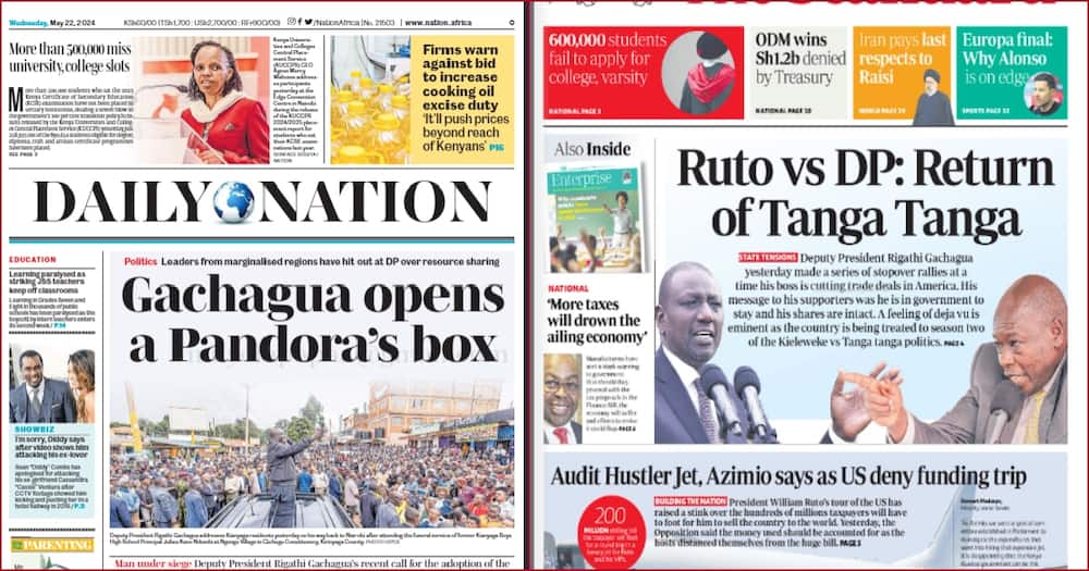 Front headlines of Daily Nation and The Standard newspapers for Wednesday, May 22.