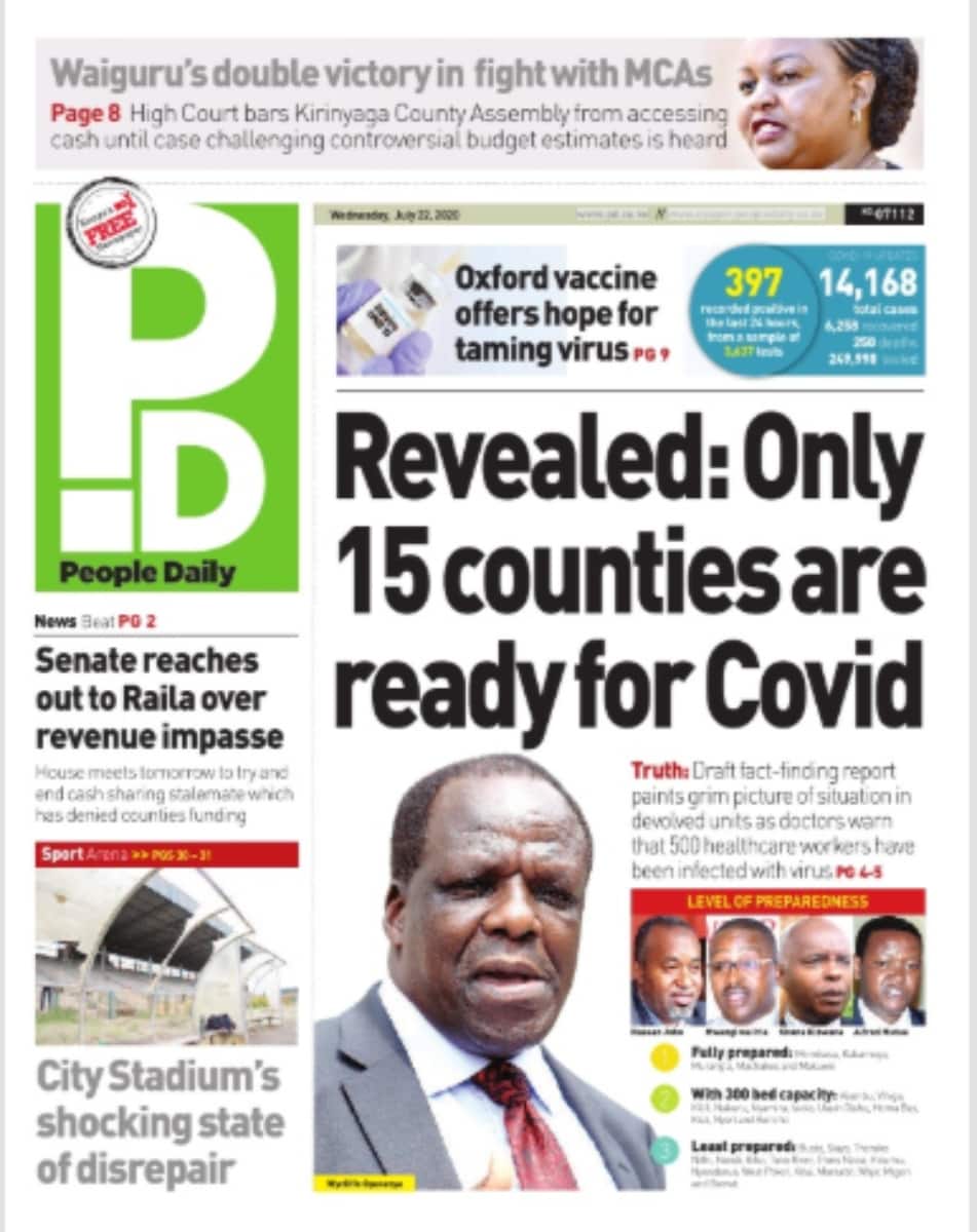 Kenyan newspapers review for July 22: Uhuru bans cabinet secretaries' tours after reports 3 have tested positive for COVID-19