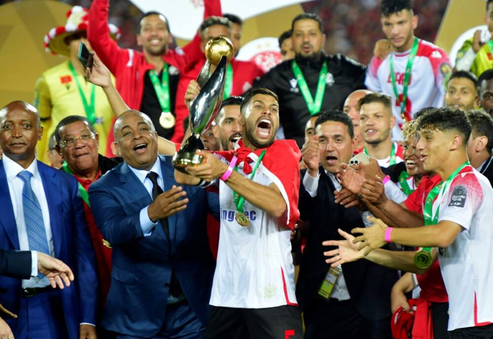 Captain Yahya Jabrane (C) lifts the trophy after Wydad Casablanca defeated Egyptian club Al Ahly in the CAF Champions League final on May 30, 2022.