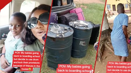 Mum Takes Her Kids to Boarding School, Uses Iron Drums to Lock Their Shopping from Thieves