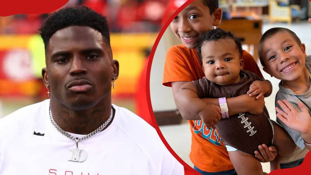 A collage of Tyreek Hill's kids and their dad
