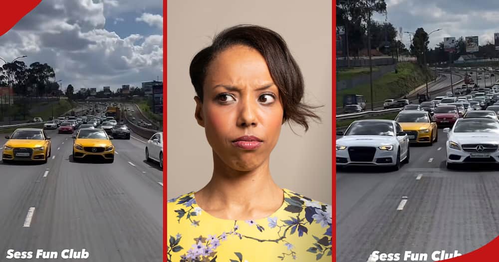 Video of cars that caused traffic on Thika Road (left and right). Studio portrait of an angry woman.
