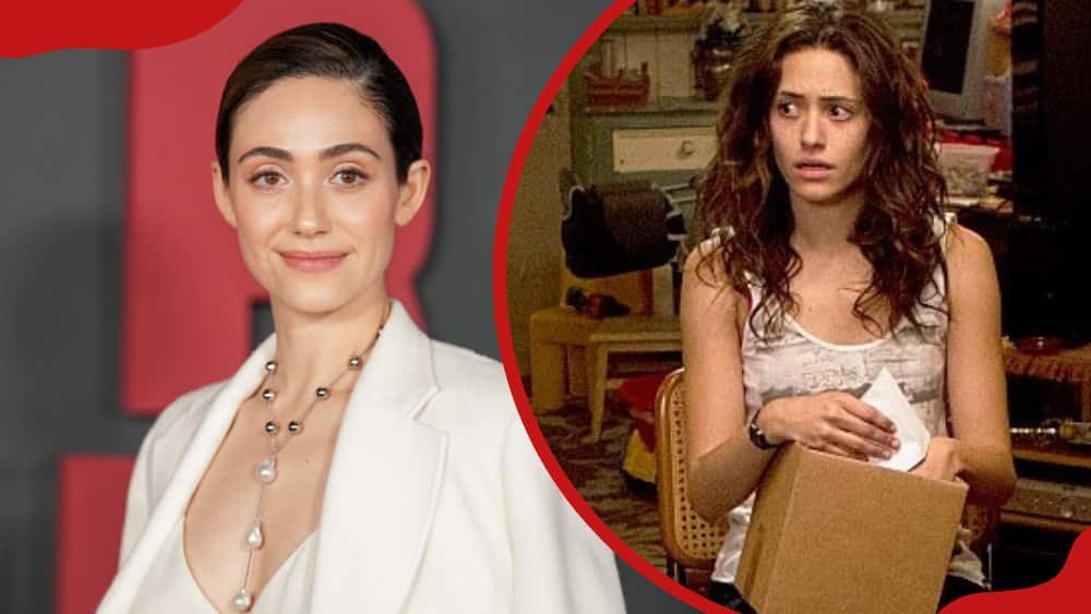 A collage of Emmy Rossum at the New York premiere of Netflix's "Leave the World Behind" and Emmy Rossum at a Shameless episode