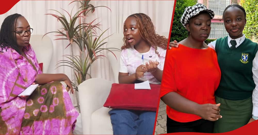 Jeridah Andayi reacts after daughter Norah Zawadi asks for KSh 5,000 pocket money (l). Jeridah and her daughter Norah outside their home compound.