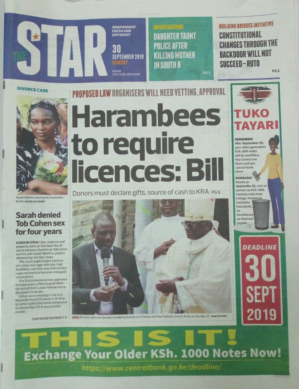 Kenyan newspapers review for September 30: Kenyans to secure licences before holding harambees if new bill becomes law