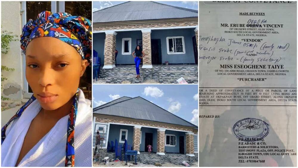 Lady built house/people congratulated her.