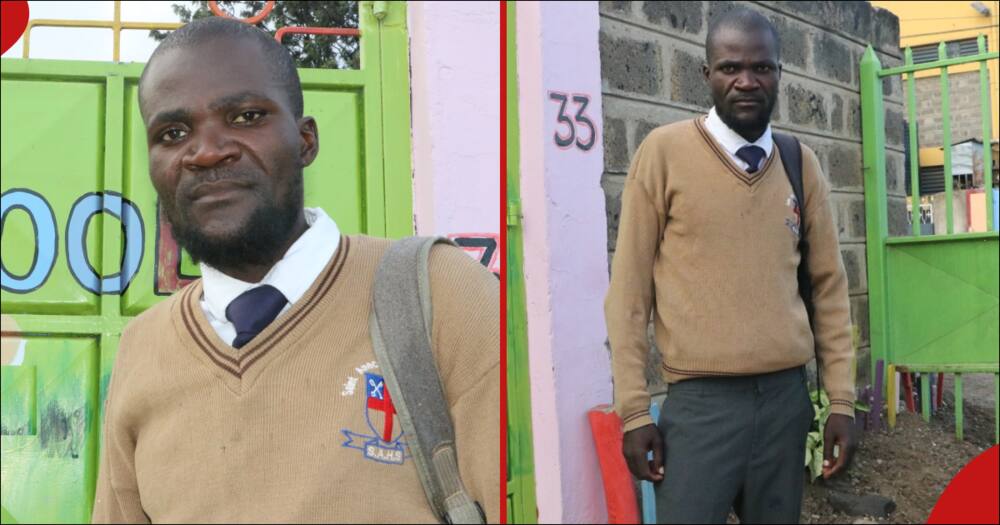 Nuru Okanga pictured in uniform outside a secondary school where he studies.