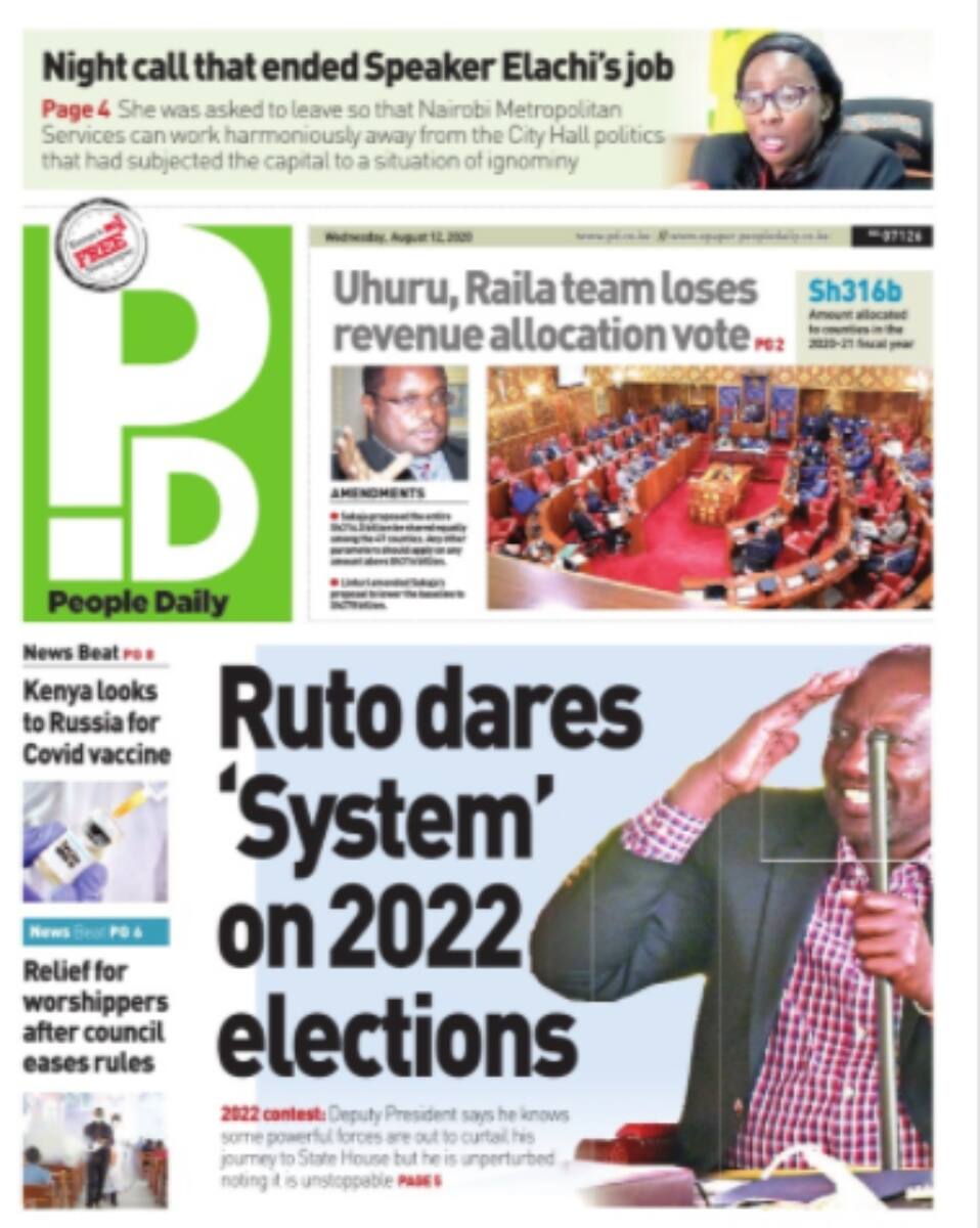 Kenyan newspapers review for August 12: William Ruto cautions Deep State against stealing his victory in 2022