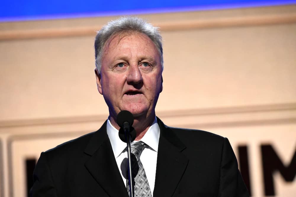 Larry Bird, winner of the Lifetime Achievement Award, speaks onstage during the 2019 NBA Awards presented by Kia on TNT at Barker Hangar in Santa Monica, California.