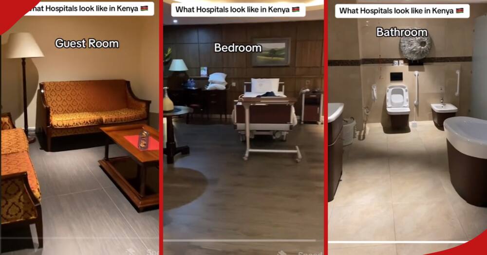 screengrabs showing the different areas of a presidential suite at a popular Nairobi Hospital. The first frame from left shows the living room, centre image shows the bedroom and the last image shows the bathroom.