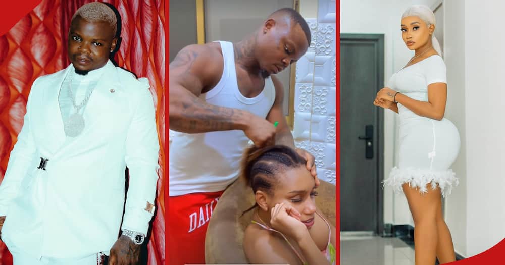 Harmonize poses for a photo(left), the singer braids his lover Poshy Queen's hair (centre) and Poshy poses for a photo (right).