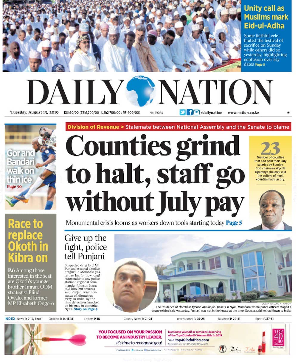 Kenyan newspapers review for Monday, August 13
