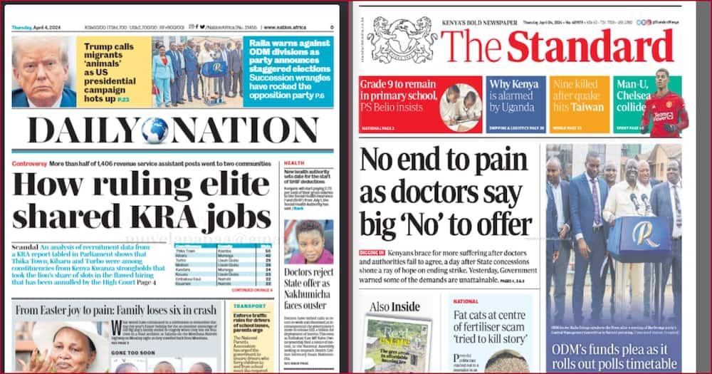 Front headlines for Daily Nation and The Standard newspapers on April 4.